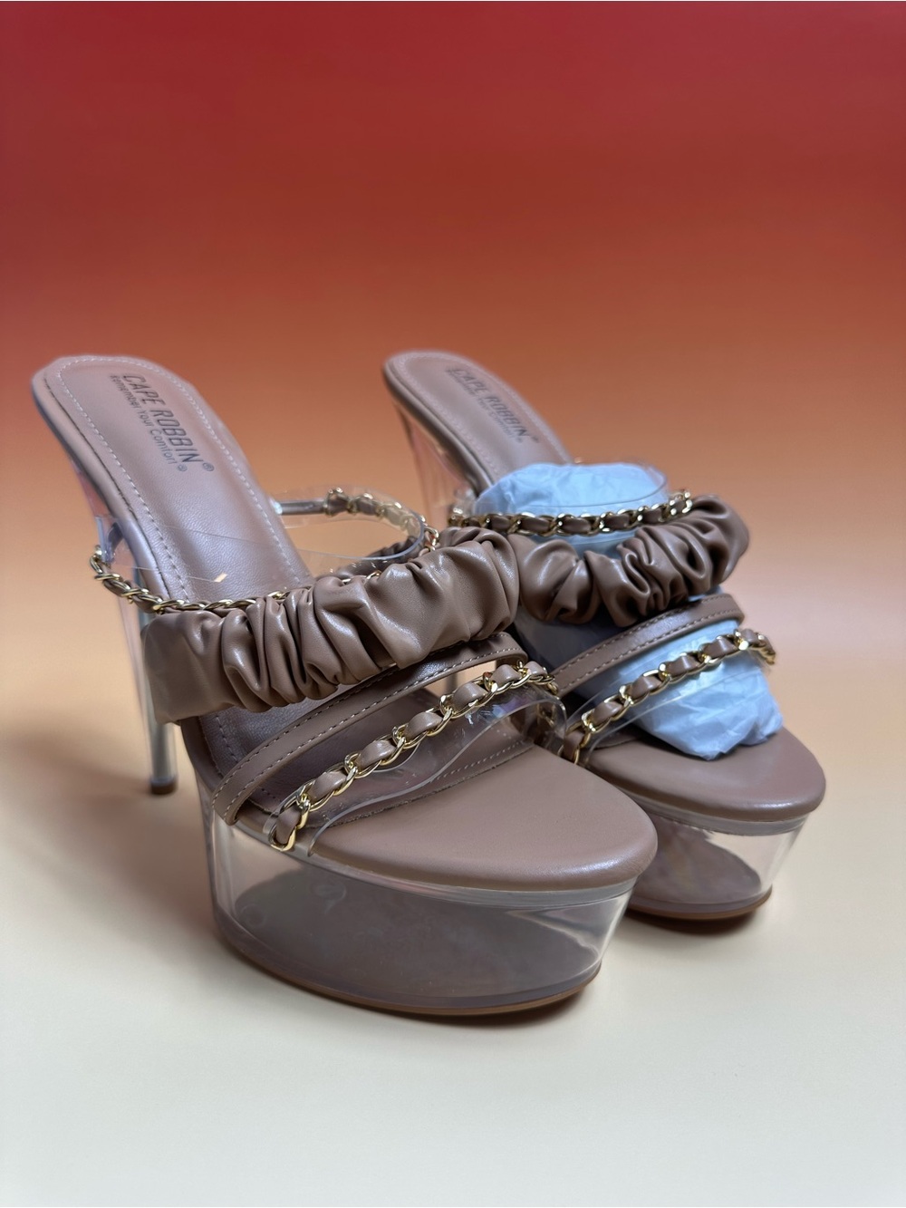 Cape Robbin Taupe Ruched Strap Clear Platform Heels with Gold Chain